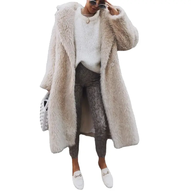 Зимнее длинное теплое плюшевое пальто из искусственного меха для женщин, однотонная плюшевая свободная винтажная куртка из овечьей шерсти, повседневные пальто с отложным воротником