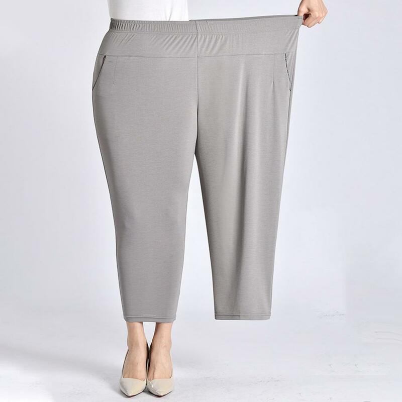 Celana kasual bergaya wanita, celana pinggang tinggi elastis dengan saku yang diperkuat untuk pakaian jalanan nyaman kaki lurus untuk Kasual