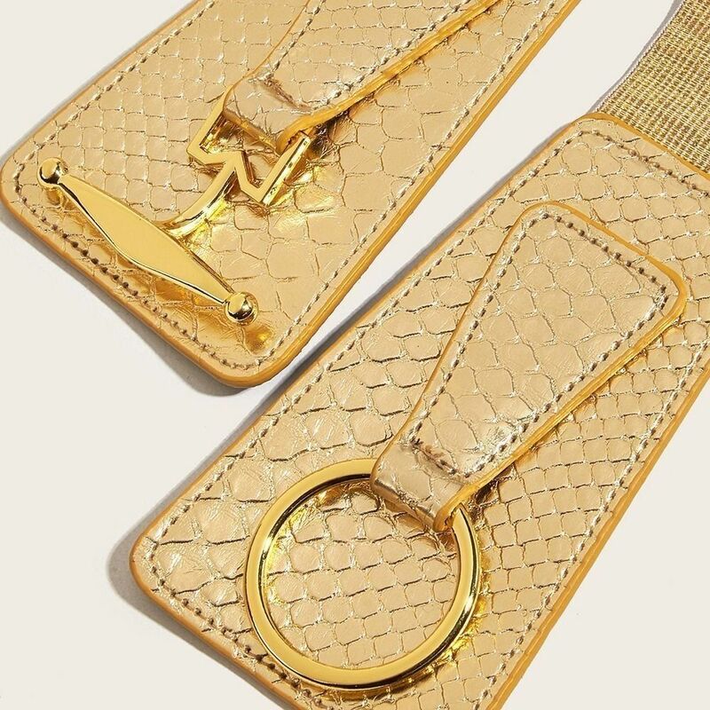 Sabuk lebar elastis logam mode dekorasi gaun sabuk gesper berwarna emas poliester gesper logam kulit PU