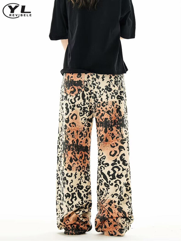 American Street Tie-dye Leopard Print Jeans Men Women Spring Autumn Baggy Trousers Hip Hop Washed Straight Wide Leg Denim Pants