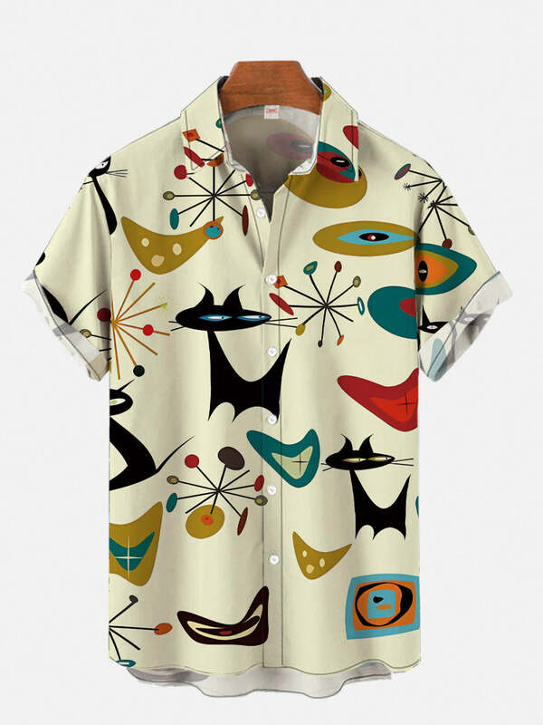 Мужская Повседневная рубашка с принтом кота, Классическая гавайская рубашка с короткими рукавами и 3D-принтом, в стиле Харадзюку