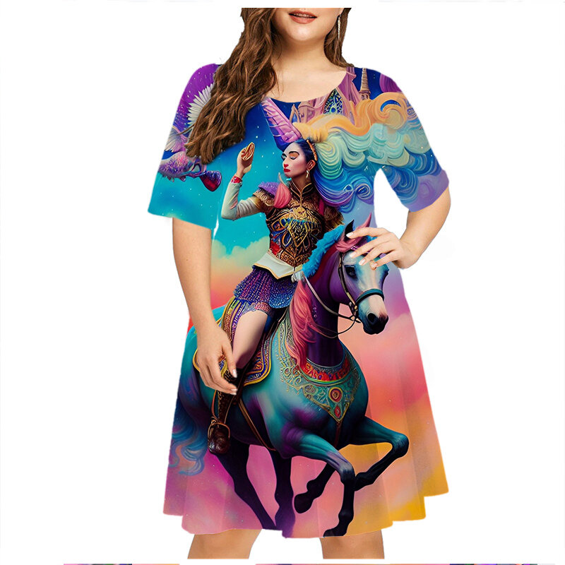 فستان صيفي قصير بأكمام قصيرة غير رسمي أنيق مطبوع عليه حصان ثلاثي الأبعاد للسيدات من Streetwear مقاس 6XL