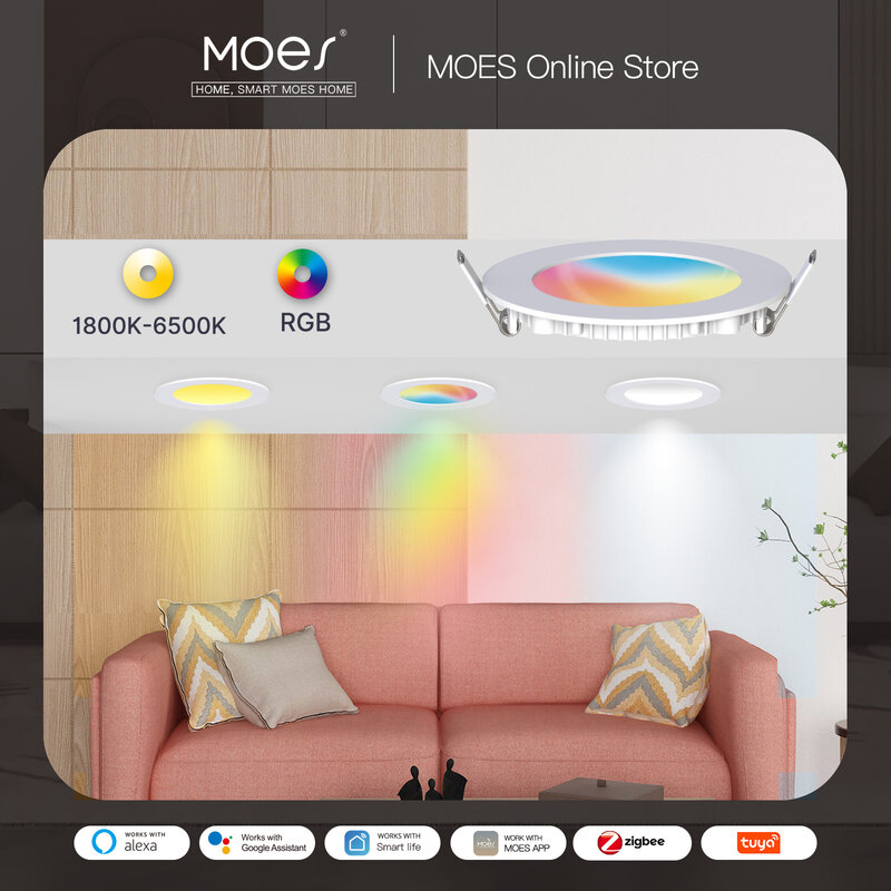 MOES ZigBee Downlight Tuya Thin Dimming Spot Lamp 6W RGB Change Warm Cool Light Work with Alexa Google Home Smart Life In Party