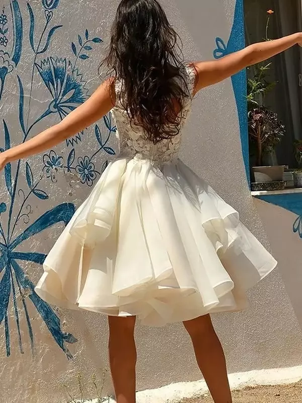 Mini vestido de noiva vintage, Vestido de princesa inchado personalizado, Plus Size, Fotografia ao ar livre de praia, vestido nupcial romântico