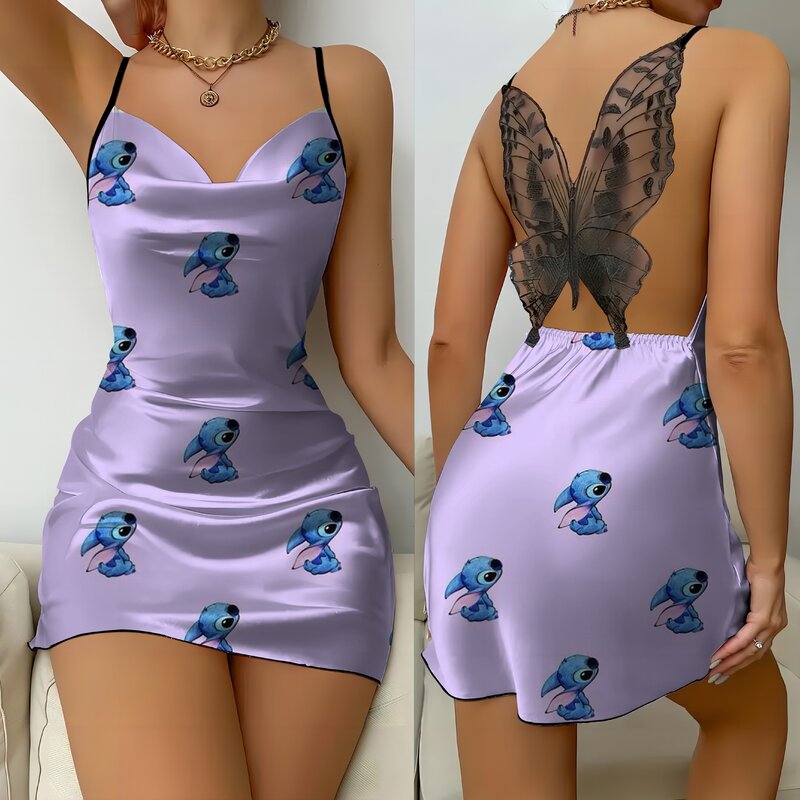 Mini sukienka Satin Surface Bow Knot Womens Dresses Disney Stitch Pajama Skirt Fashion Summer 2024 Party Sexy Lace Backless Disney