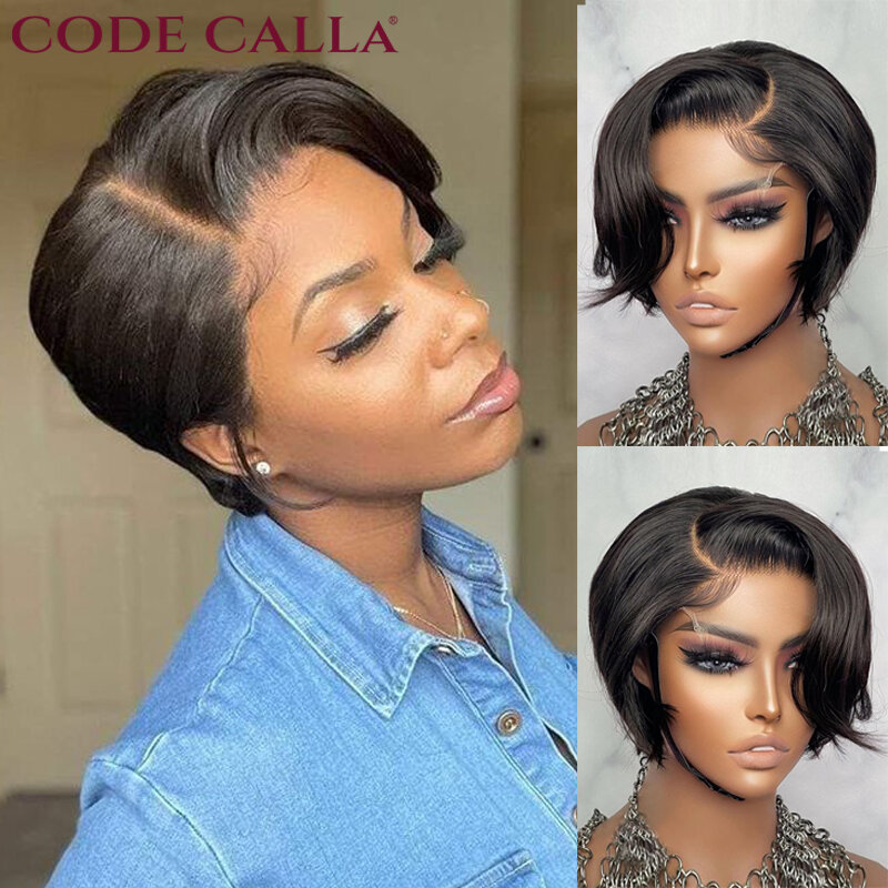 Code Calla-Perruque Péruvienne Naturelle Courte, Cheveux Lisses, Coupe Pixie, Faite à la Machine, pour Femme Africaine