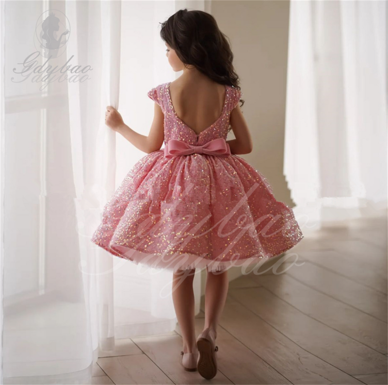 Pink velvet sequins Child Pageant Ball Gown Birthday Party Dress for Girls with Pearls and Weddings Parties Kids Formal Dresses