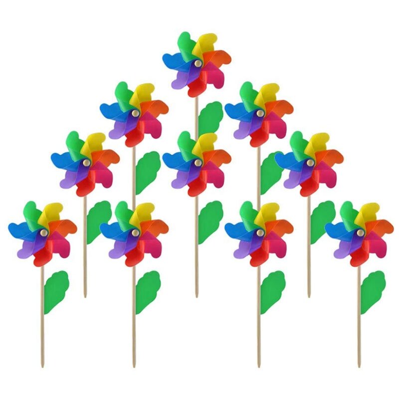 10Pcs Wooden Stick Pinwheels,Windmill Party Pinwheels DIY Pinwheels Set for Kids Toy Garden Lawn Party Decor