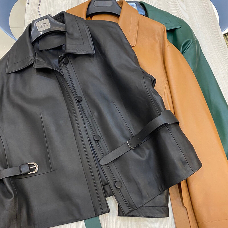 Women's Leather Jackets, Lapel, Genuine Coat, Drop Shoulder, Sheepskin, Temperament Outwear with Belt, Casual, Spring, Autumn