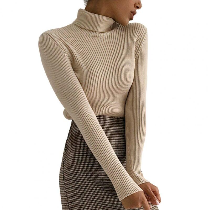 Suéter de punto con cuello alto para mujer, Jersey ajustado de manga larga con textura de rayas elásticas, Top de fondo antiretráctil, otoño e invierno, 2023