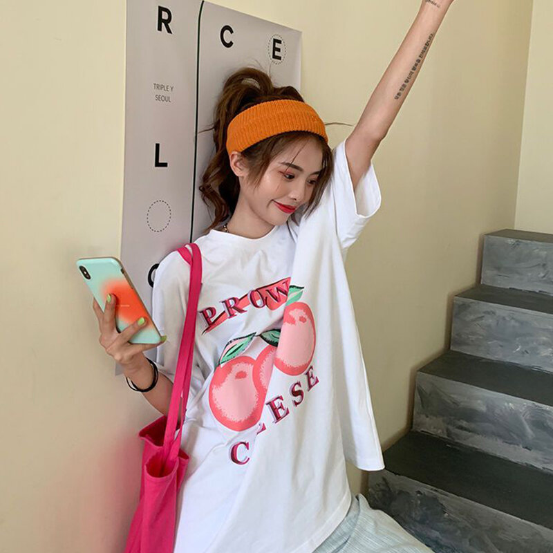 Damska letnia modna z nadrukiem biała luźna koszulka z okrągłym dekoltem cienka z krótkim rękawem odzież damska koreańska uroczy list koszulka szkolna