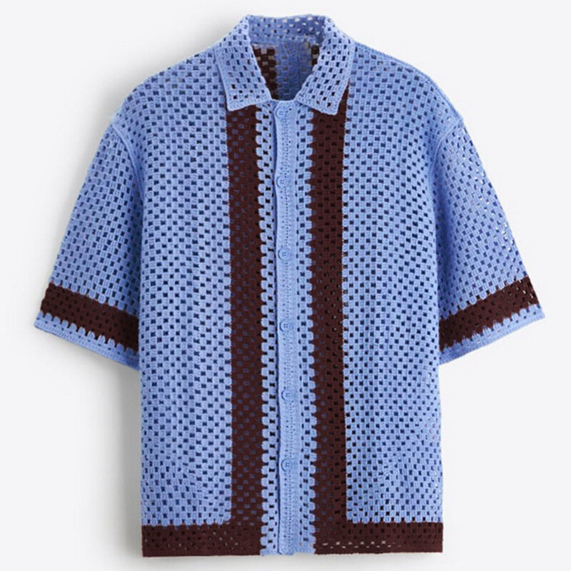 Sommer Herren Kurzarmhemd lässig aushöhlen atmungsaktive Strickjacke Mode lose kontrastierende Farbe Revers Top Shirt