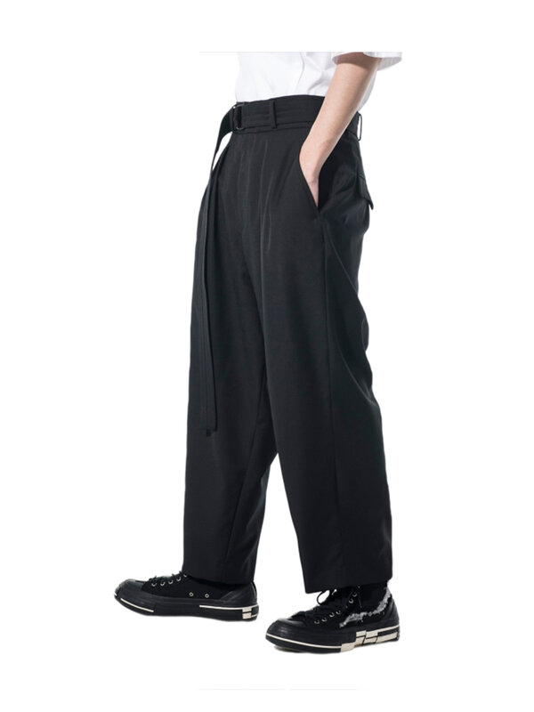 Pantalones Extra largos con decoración de cinturón, ropa informal para hombre, estilo japonés, yohji yamamoto, Unisex
