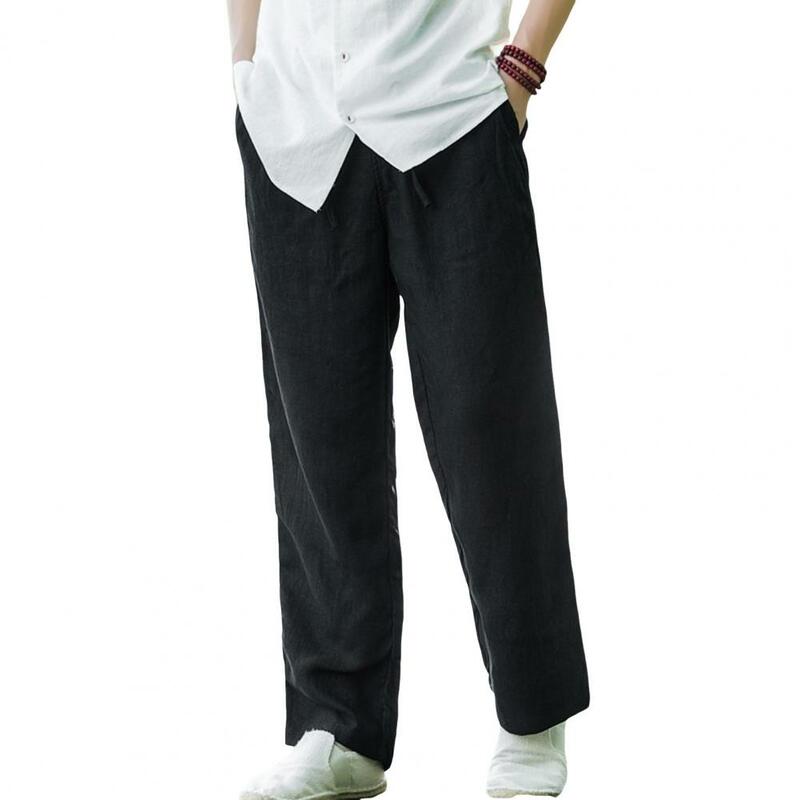 Calça de cintura elástica masculina, calça casual estilo japonês, moletom de perna larga com bolsos laterais, cordão para conforto