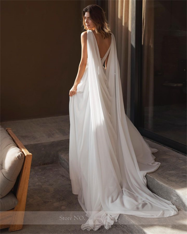 Deep V-Neck Chiffon Lace Wedding Dress A-line Side Split Court Wedding Gowns for Bridal with Removable Cape