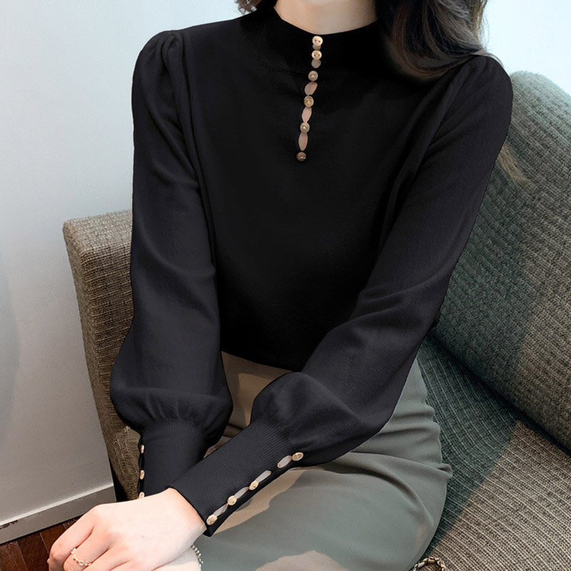 Autumn Winter Half High Collar Sweater Korean Fashion Women Travel Shopping High Quality Lantern Sleeves Knitted Shirt Top Black