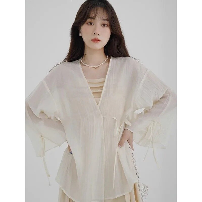 Deeptown Effen Kanten Oversized Chiffon Vest Vrouwen V-Hals Shirt Doorzichtig Zomer Blouse Koreaanse Mode Elegant Casual