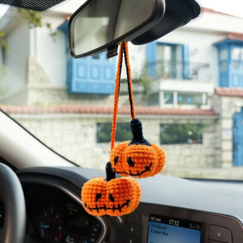 Halloween Crochet Pumpkin Car Mirror Decorative Accessories Hand-Woven Pendant Lady Bag Pumpkin Key Chain, Car Key Alloy Pendant