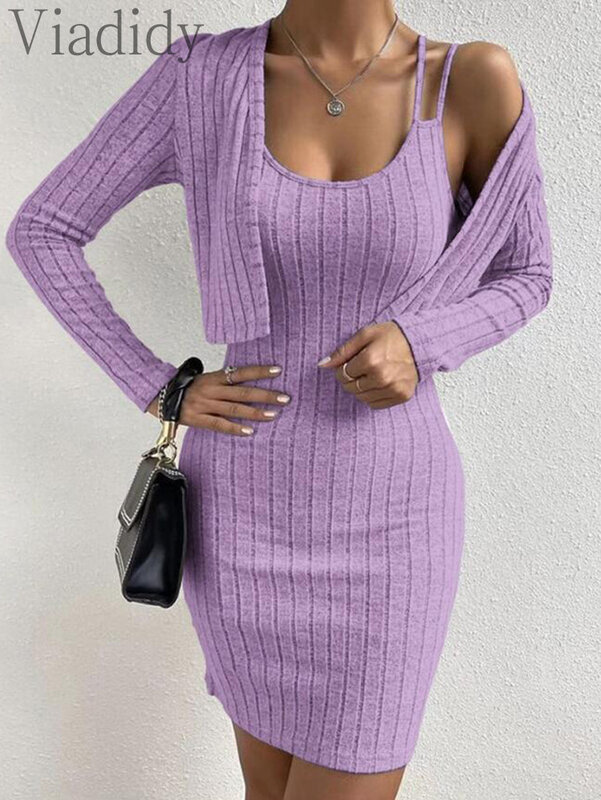 Women Casual Solid Color Ribbed Double Strap Bodycon Dress and Cardigan Coat 2pcs Set