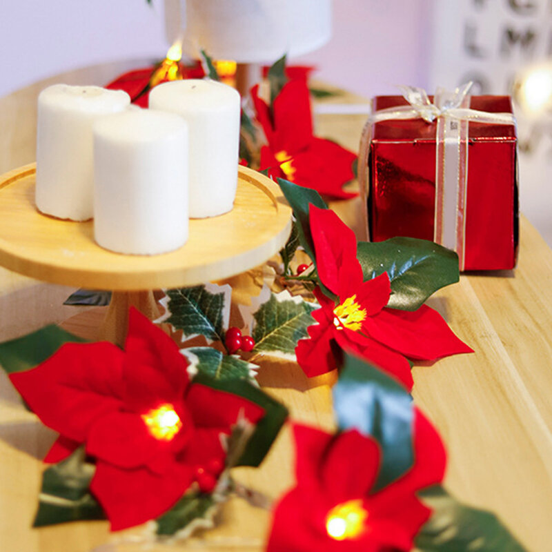 Guirnalda de flores de Poinsettia de Navidad, 2m, 10LED, guirnalda de luces, adornos para árboles de Navidad, decoración interior y exterior del hogar