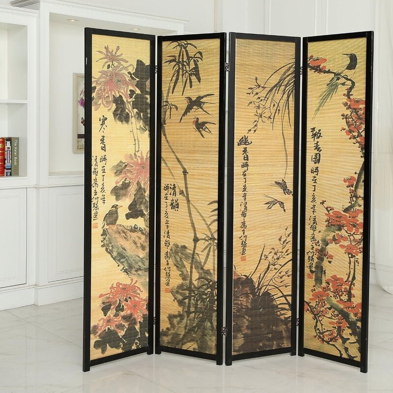 Decorative 4 Panel Folding Room Divider Bamboo Screen with Chinese Calligraphy Design, Freestanding Floral Artwork Room