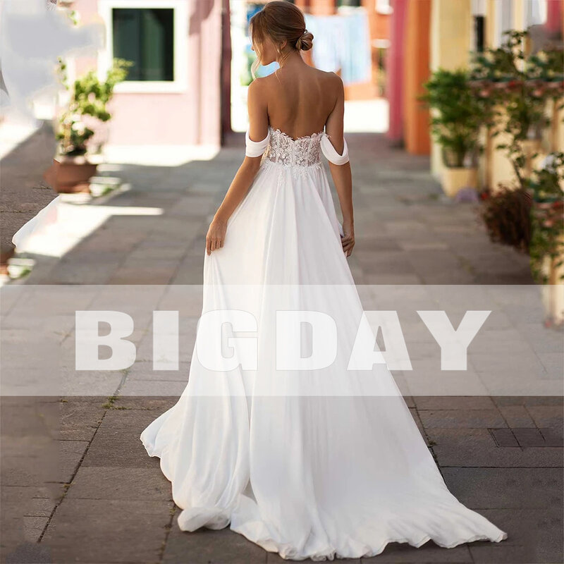 Elegant A-Line Wedding Dress Women Sweetheart Lace Off The Shoulder Open Back Chiffon Bridal Gown Sweep Train Vestidos De Noiva