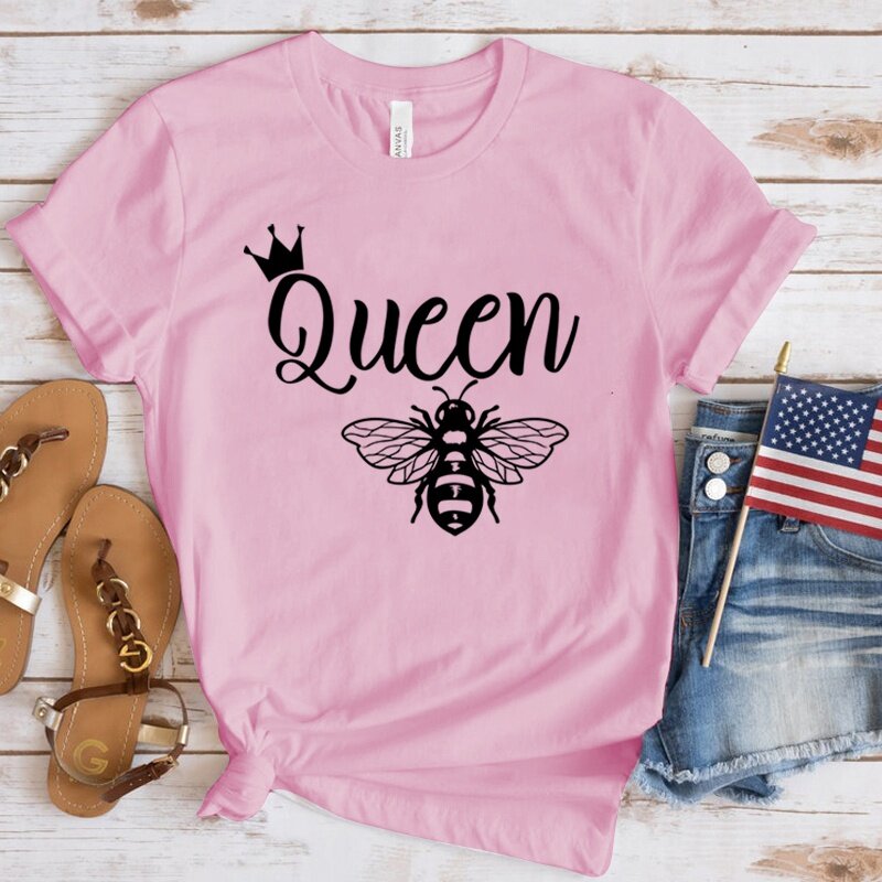 Kaus Wanita Mode musim panas Bee Queen kaus oblong pakaian jalanan populer grafis wanita pakaian longgar