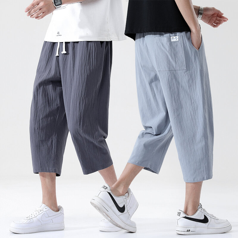Pantalones Capris transpirables de algodón y lino para hombre, Capris de cintura elástica, 6 colores, M-5XL