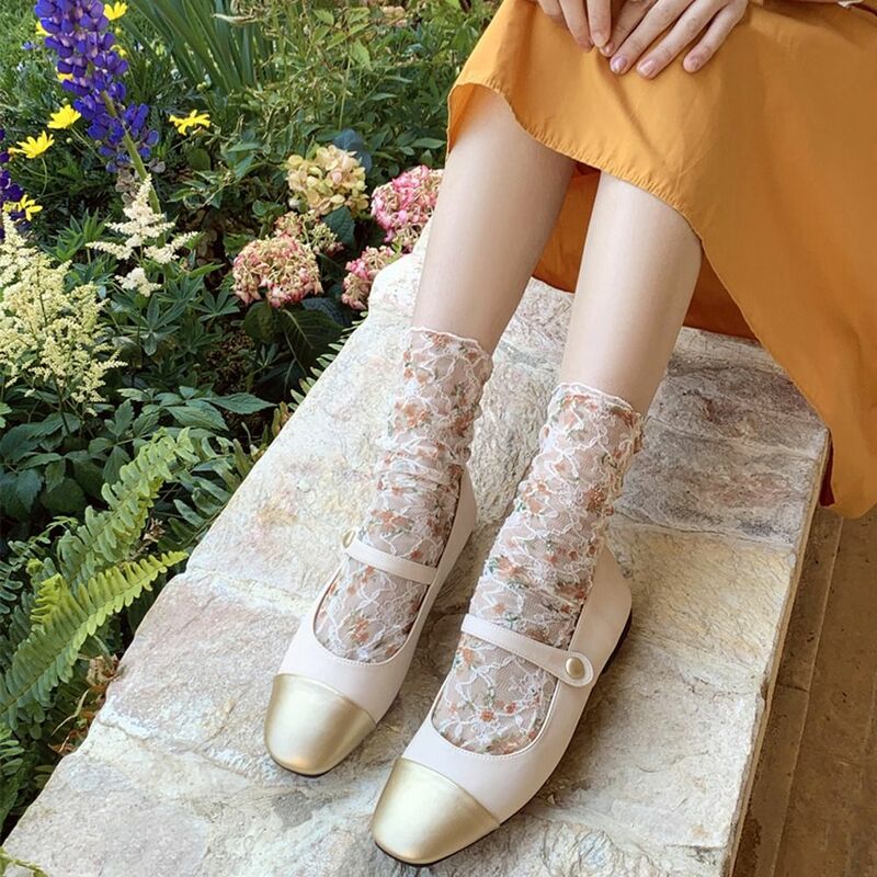 Cute Sweet Sweat Absorbing Anti-Friction Foot Medium Tube Lolita Princess Lace Socks Korean Style Hosiery Jacquard Female Socks