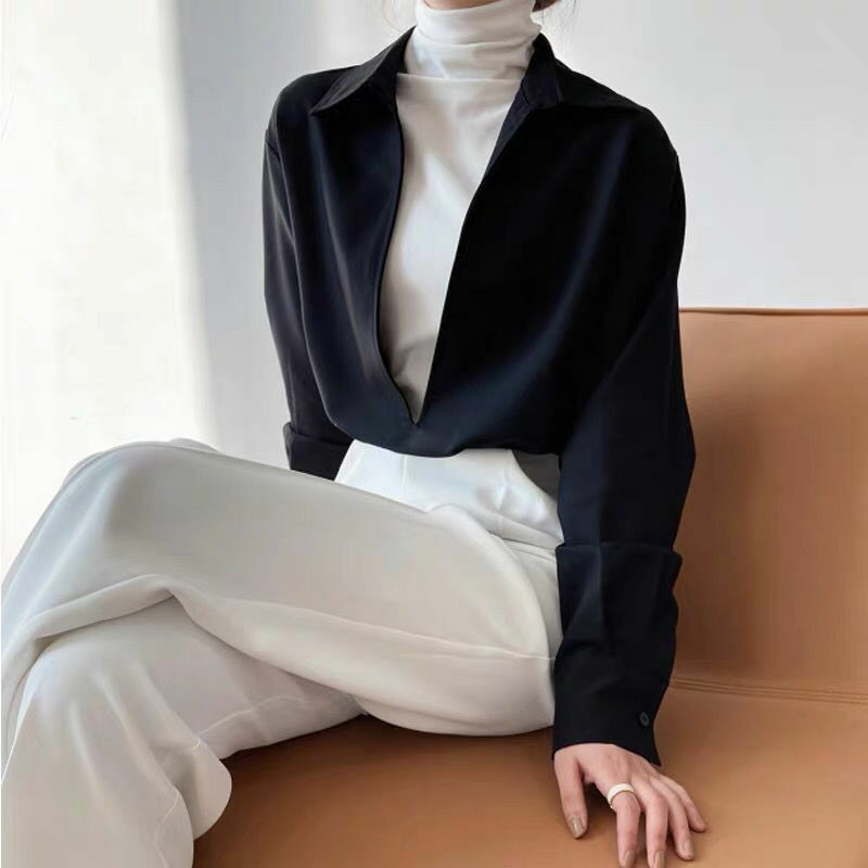 QWEEK Vintage Blouses Harajuku White Blue Shirts Loose Elegant Female Tops Office Wear Women No Buttons V-Neck Autumn Clothes