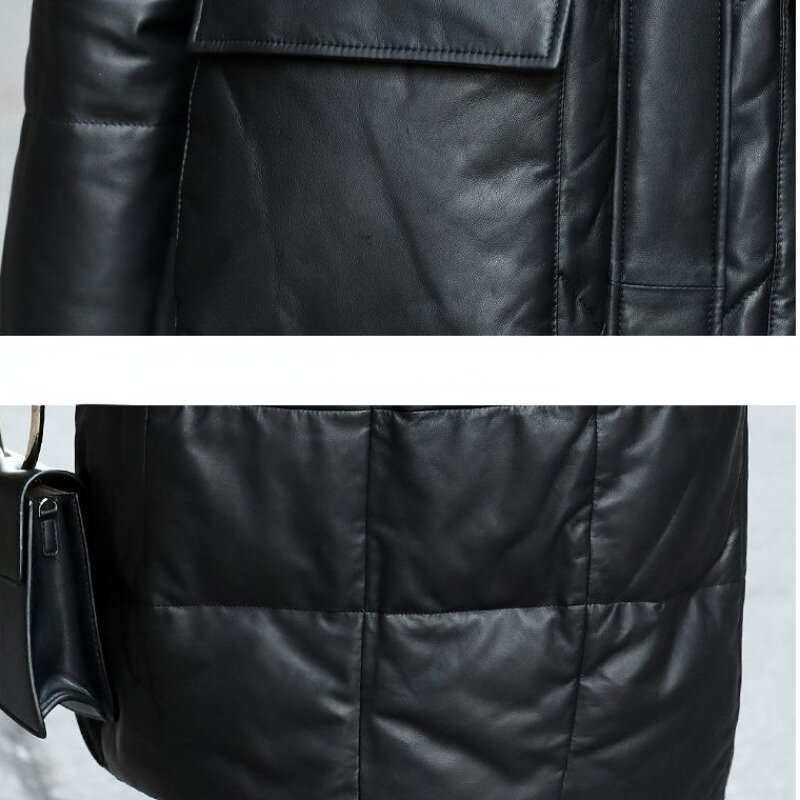 Jaqueta de couro Haining para homens e mulheres, casaco longo e fino, gola de pele, capuz espesso, aconchegante, inverno, novo, 2023