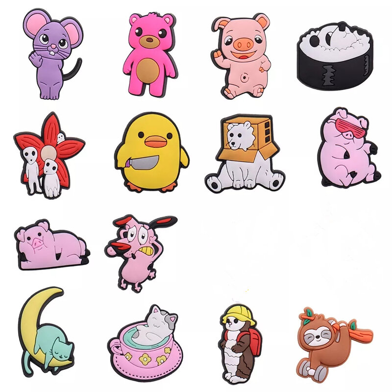 Dijes de PVC de dibujos animados de Anime, gato, mono, ratón, oso, cerdo, animales, zapatos, decoraciones de diseñador, se ajustan a las pulseras, Jibz Croc, 1-14 piezas