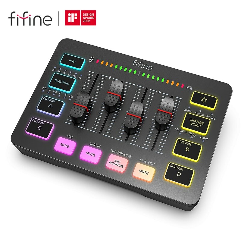 Fifine Gaming Audio Mixer,Streaming 4-Channel Rgb Mixer Met Xlr Microfoon Interface, Voor Spel Stem, Podcast, Ampligame Sc3