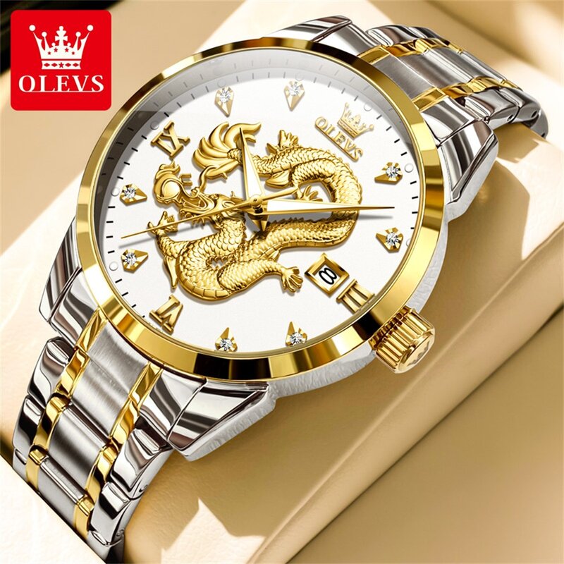 Olevs-メンズ3D彫刻されたドラゴンダイヤルデザインクォーツ時計,ステンレススチール,防水,高級メンズ腕時計,新しいファッション