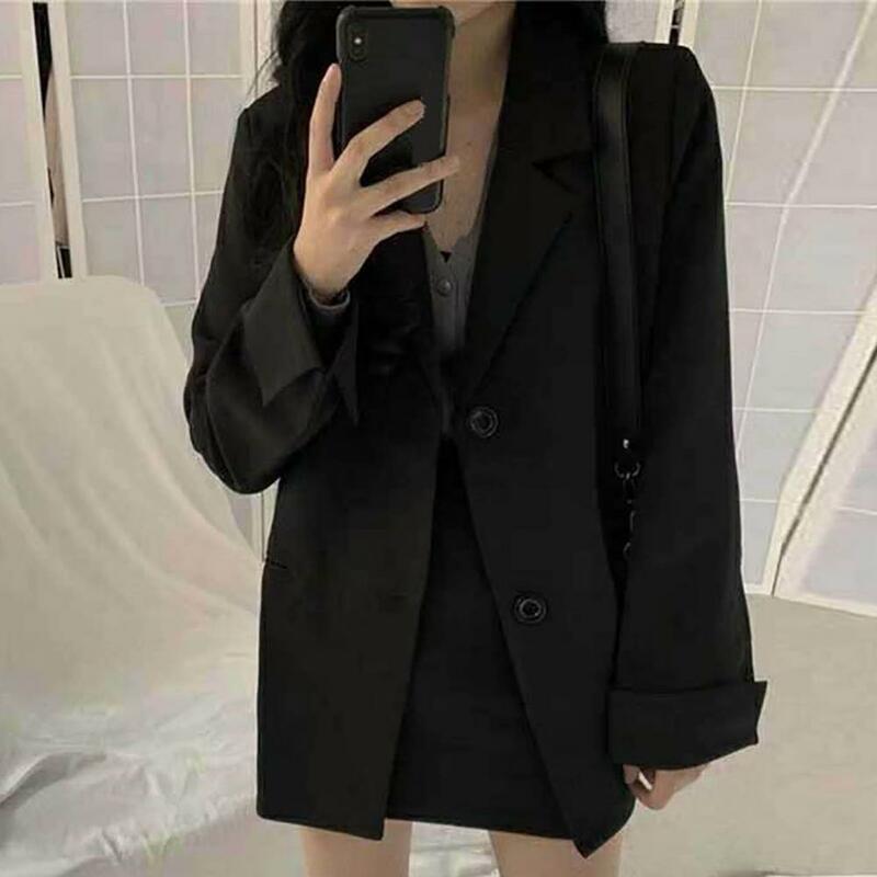 Open Front  Classic Office Lady Commuting Pure Black Suit Jacket Polyester Blazer Coat Single Breasted   Daily Wear