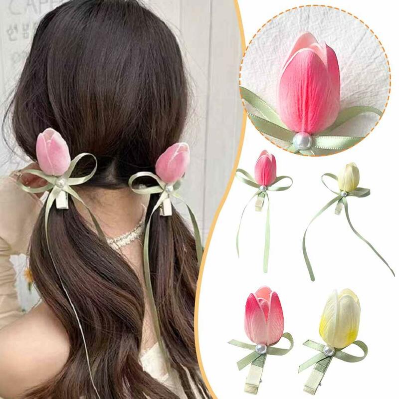 Sweet Romantic Women Pink White Tulip Barrettes Flower Clip Headdress Hair Hairpin Accessories Knot Duck Hair Hairpin Ribbo M9N8