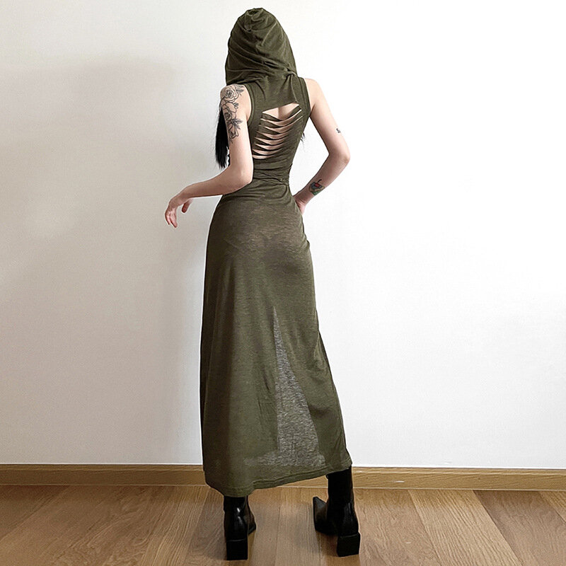 Goth gaun bertudung untuk wanita, Gaun Midi berlubang motif padang pasir Gotik siber gelap Y2k Punk Grunge wanita