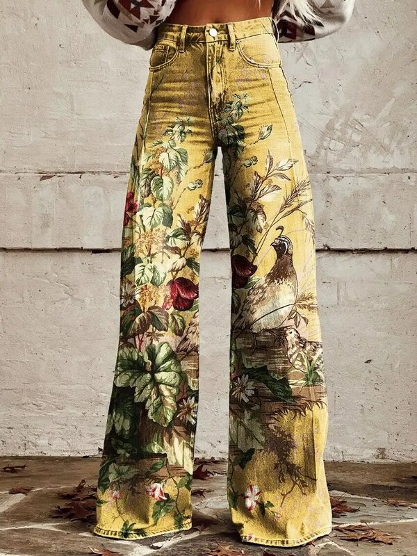 Celana kaki lebar wanita modis, celana S-3XL kaki lebar wanita kasual cocok untuk belanja sehari-hari pola 3D kupu-kupu retro