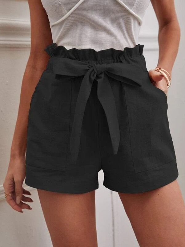 Pantalones cortos blancos de Color liso para mujer, pantalón corto informal con bolsillo y cordón, para uso diario, Verano