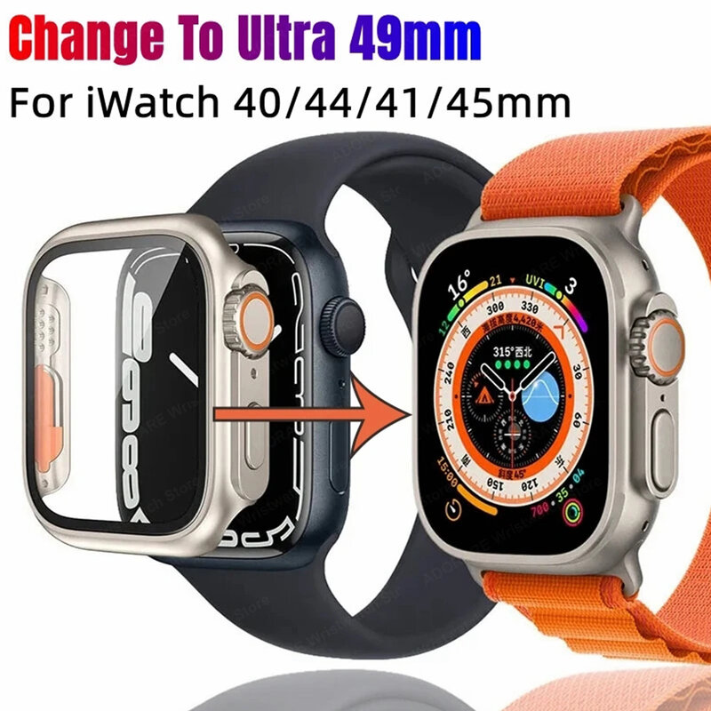 Kaca + casing untuk Apple Watch berubah ke Ultra iWatch Series 4 5 6 7 8 9 45mm 41mm 44mm 40mm penutup pelindung layar Upgrade ke Ultra