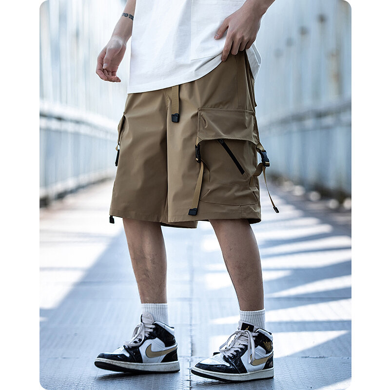 Celana Crop Lurus Multi Saku Musim Panas Uniseks Celana Pendek Fungsional Pakaian Pria Harajuku High Street Hoodie Hiphop Longgar