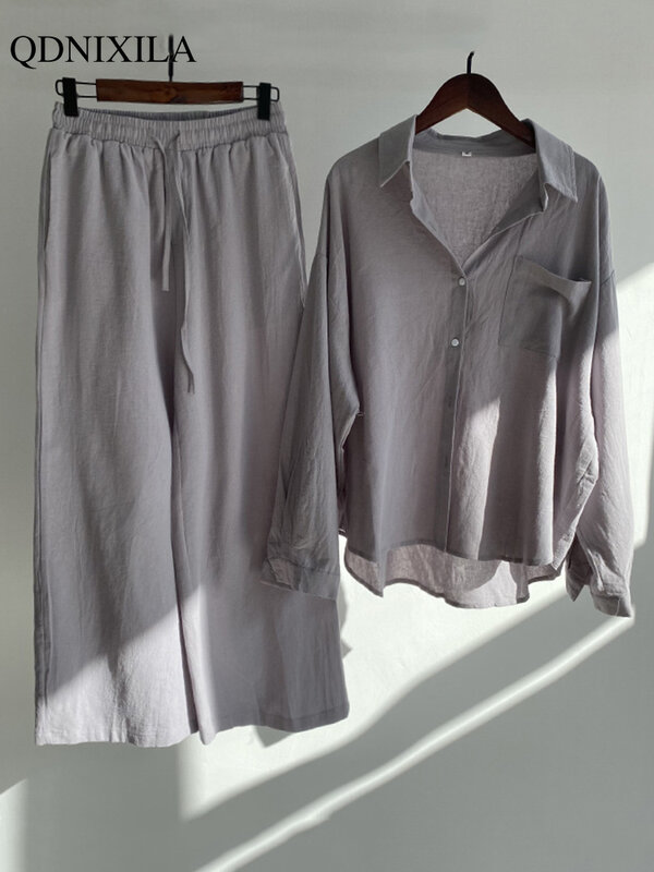 Женский комплект из 2 предметов, элегантный повседневный комплект из блузки и брюк, из хлопка и льна, 2023