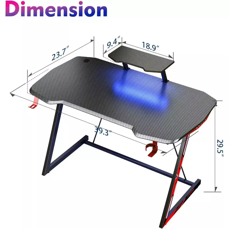 Игровой стол со встроенной подсветкой, маленький игровой стол 39 дюймов Z-образной формы, эргономичный прочный игровой стол
