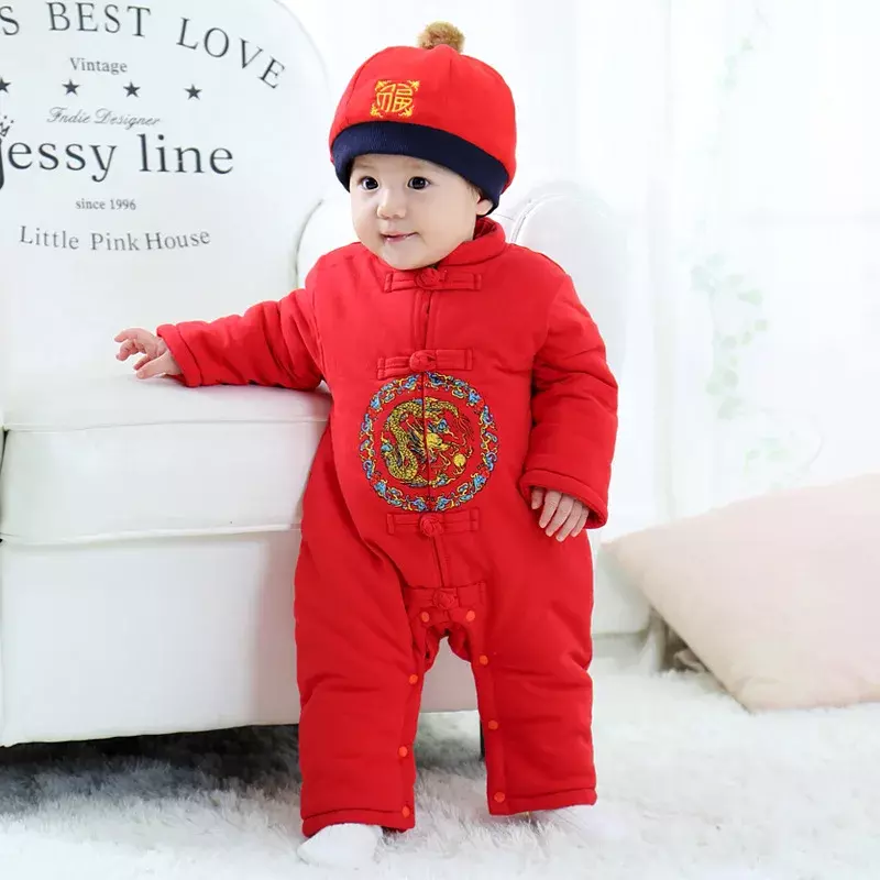 귀여운 빨간 아기 당나라 세트 원피스 롬퍼, 가을 겨울 나들이 보름달 세트, 긴 소매 및 모자 세트, 어린이 생일 옷