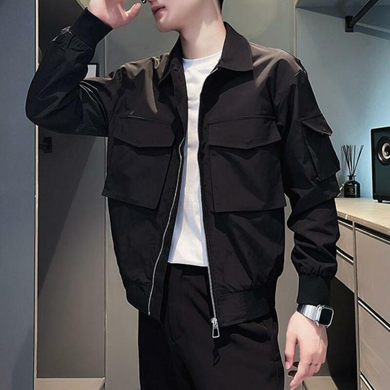 Jaqueta solta de manga comprida masculina, botões lapela, bolsos múltiplos, casacos, casual, suave, Hip Hop, Streetwear, casaco