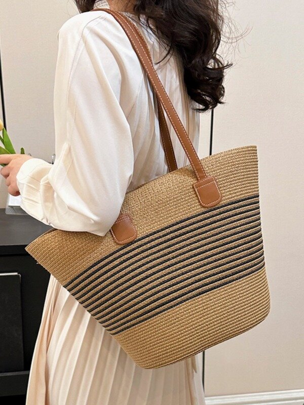 女性用の大きな織りの籐のバッグ,女性の夏のビーチバッグ,大容量の織りの籐のトートバッグ