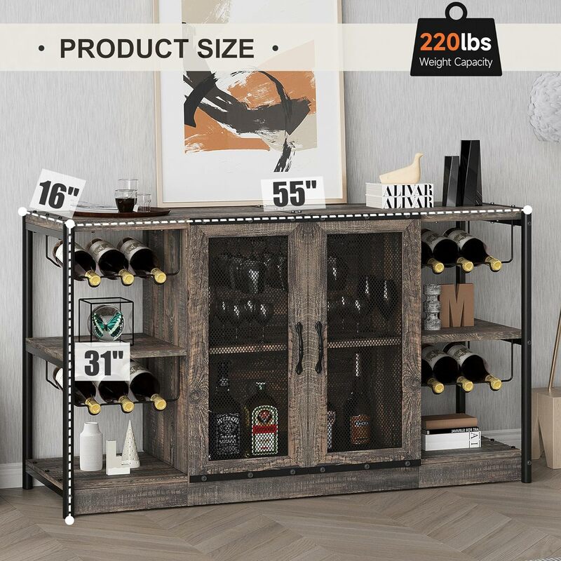 Wine Bar Cabinet – Industrial Liquor Cabinet with Storage and Wine Rack – Elegant and Practical Dark Oak Bar Furniture