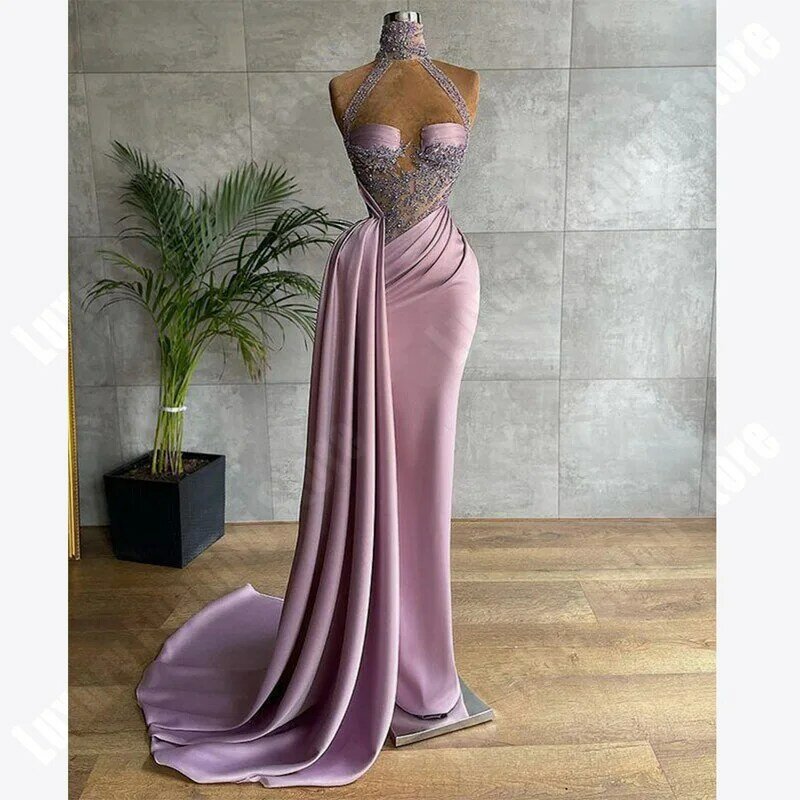 Bright Pink Women's Satin Evening Dresses Elegant Strapless Applique Mermaid Celebrity Gowns Elegant Princess Vestidos De Noche