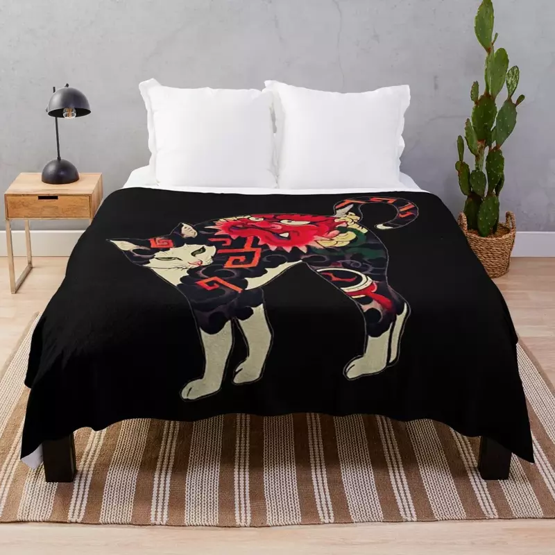 Античное японское деревянное одеяло с принтом кошки с цветами, татуировками, теплое декоративное теплое одеяло для дивана, теплые зимние одеяла