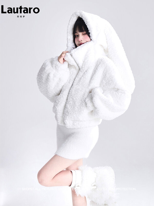 Lautaro musim gugur musim dingin manis lucu indah hangat lembut putih pendek mantel bulu imitasi wanita dengan telinga kelinci berbulu jaket Hoodie 2023